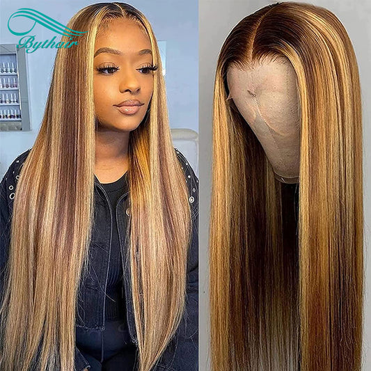 Highlight Color Wig Straight Lace Front Wig Human Hair Glueless 13x4 13x6 Hd Transparent Lace Frontal Wigs