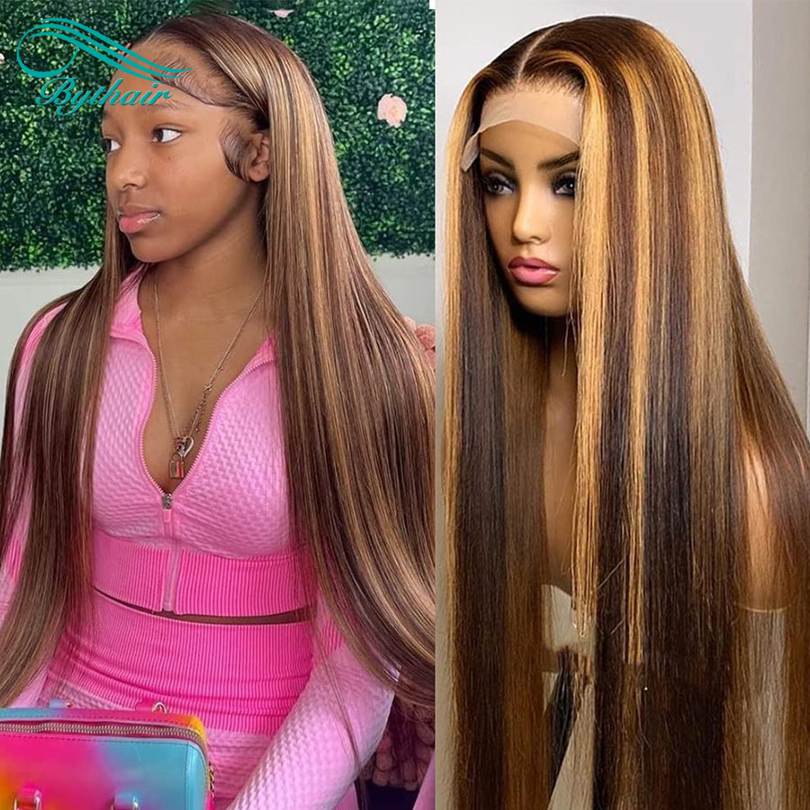 Highlight Color Wig Straight Lace Front Wig Human Hair Glueless 13x4 13x6 Hd Transparent Lace Frontal Wigs