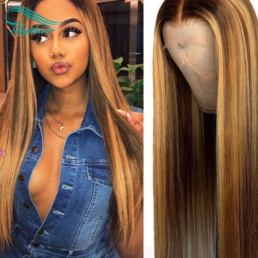 Highlight Color Wig Straight Lace Front Wig Human Hair Glueless 13x4 13x6 Hd Transparent Lace Frontal Wigs