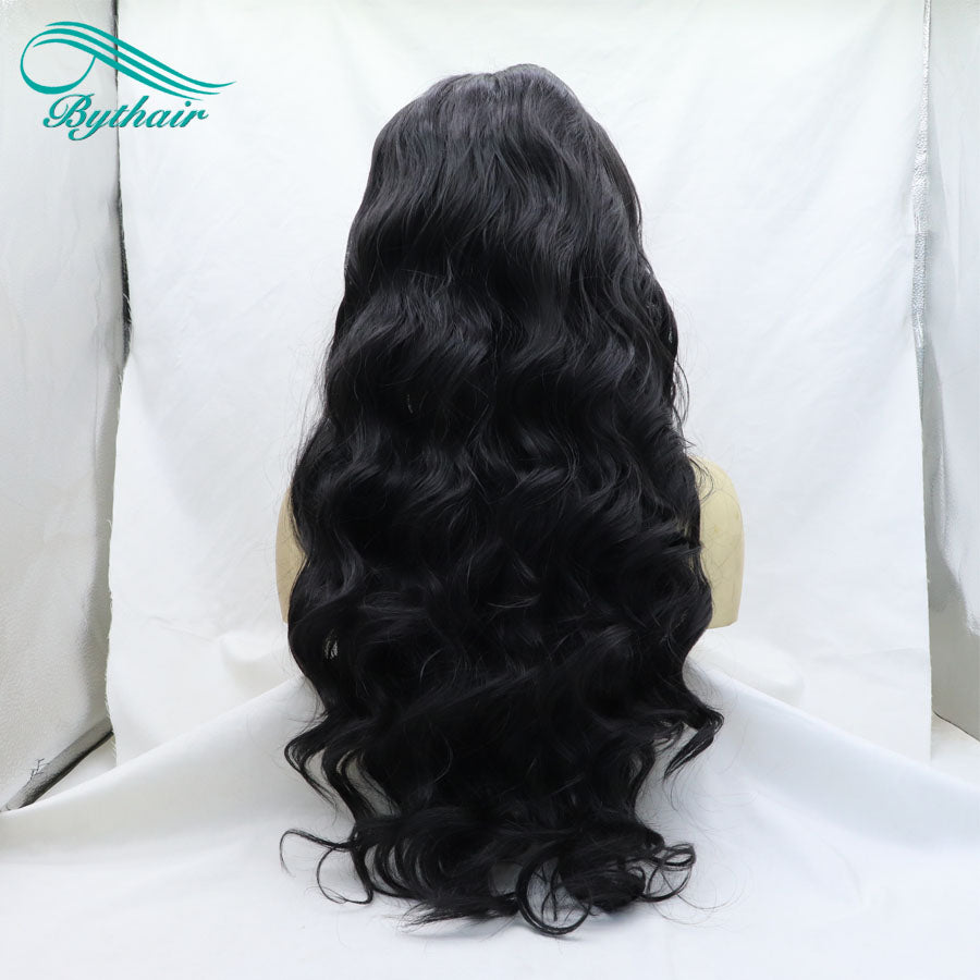 Black Color Wavy Long Synthetic Lace Front Wig Cosplay Wigs For Women Heat Resistant Fiber Lace Wigs