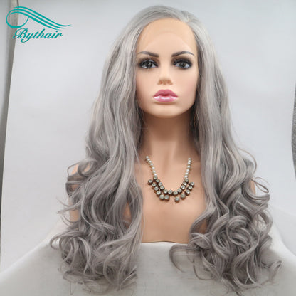 24inch Long Grey Color Synthetic Lace Front Wig Cosplay Wigs For Women Heat Resistant Fiber Lace Wigs