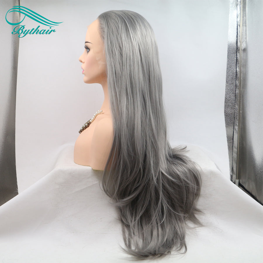 24inch Long Grey Color Synthetic Lace Front Wig Cosplay Wigs For Women Heat Resistant Fiber Light Brown Lace Wigs