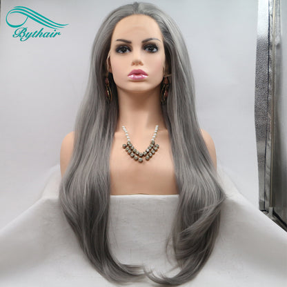 24inch Long Grey Color Synthetic Lace Front Wig Cosplay Wigs For Women Heat Resistant Fiber Light Brown Lace Wigs