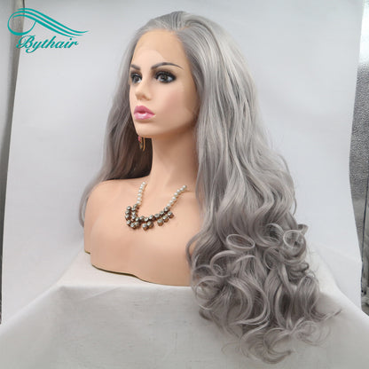 24inch Long Grey Color Synthetic Lace Front Wig Cosplay Wigs For Women Heat Resistant Fiber Lace Wigs