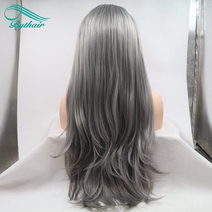 24inch Long Grey Color Synthetic Lace Front Wig Cosplay Wigs For Women Heat Resistant Fiber Light Brown Lace Wigs