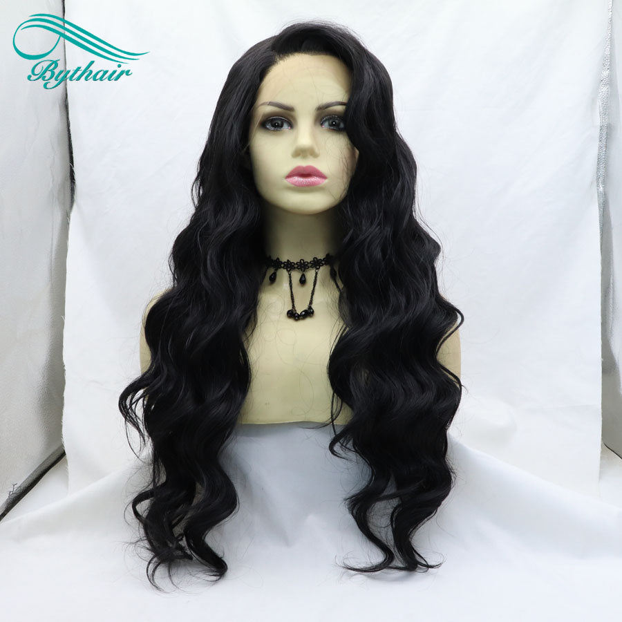 Black Color Wavy Long Synthetic Lace Front Wig Cosplay Wigs For Women Heat Resistant Fiber Lace Wigs