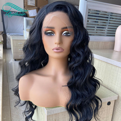 Black Color Wavy Synthetic Lace Front Wig Cosplay Wigs For Women Heat Resistant Fiber Lace Wigs