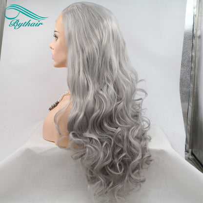 24inch Long Grey Color Synthetic Lace Front Wig Cosplay Wigs For Women Heat Resistant Fiber Lace Wigs