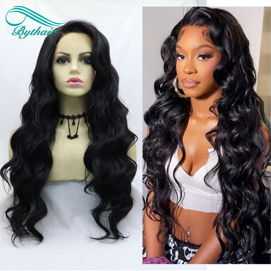 Black Color Wavy Long Synthetic Lace Front Wig Cosplay Wigs For Women Heat Resistant Fiber Lace Wigs