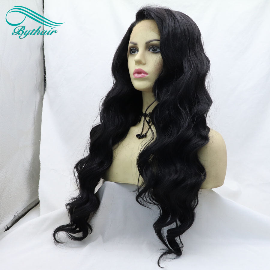 Black Color Wavy Long Synthetic Lace Front Wig Cosplay Wigs For Women Heat Resistant Fiber Lace Wigs