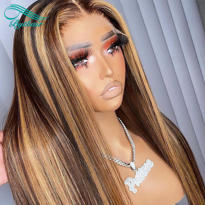 Highlight Color Wig Straight Lace Front Wig Human Hair Glueless 13x4 13x6 Transparent Lace Frontal Wigs