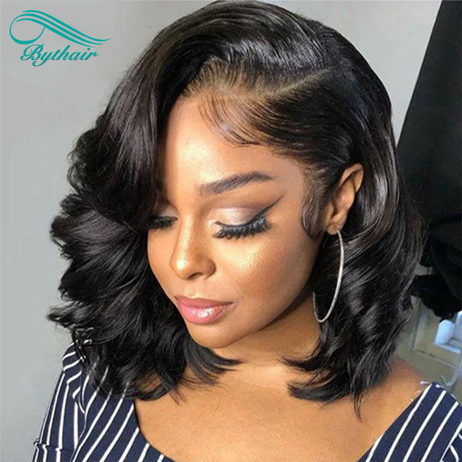 Body Wave Short Bob HD Transparent Lace Front Human Hair Wigs For Black Women Natural Black