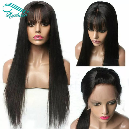 Straight Human Hair Wigs With Bangs Glueless Silk Base Full Lace Wig 5x5 inch Silk Top Full Lace Wig For Women