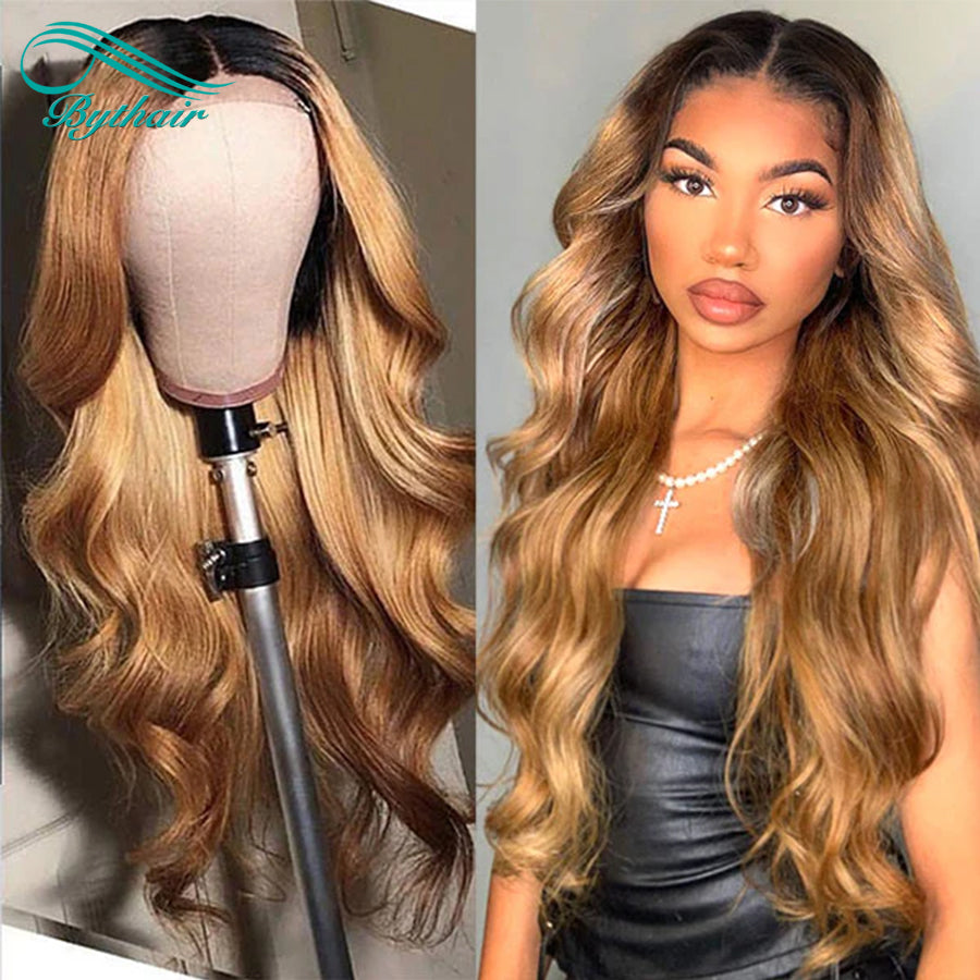 Ombre Honey Blonde Wigs 1B/27 Color 5x5 Lace Closure Wig Hd Transparent Body Wave Human Hair Wigs