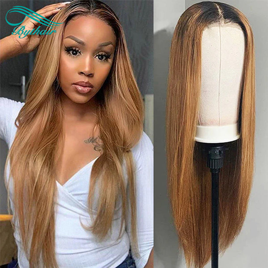 Ombre Honey Blonde Wigs 1B/27 Color 5x5 Lace Closure Wig Hd Transparent Straight Human Hair Wigs