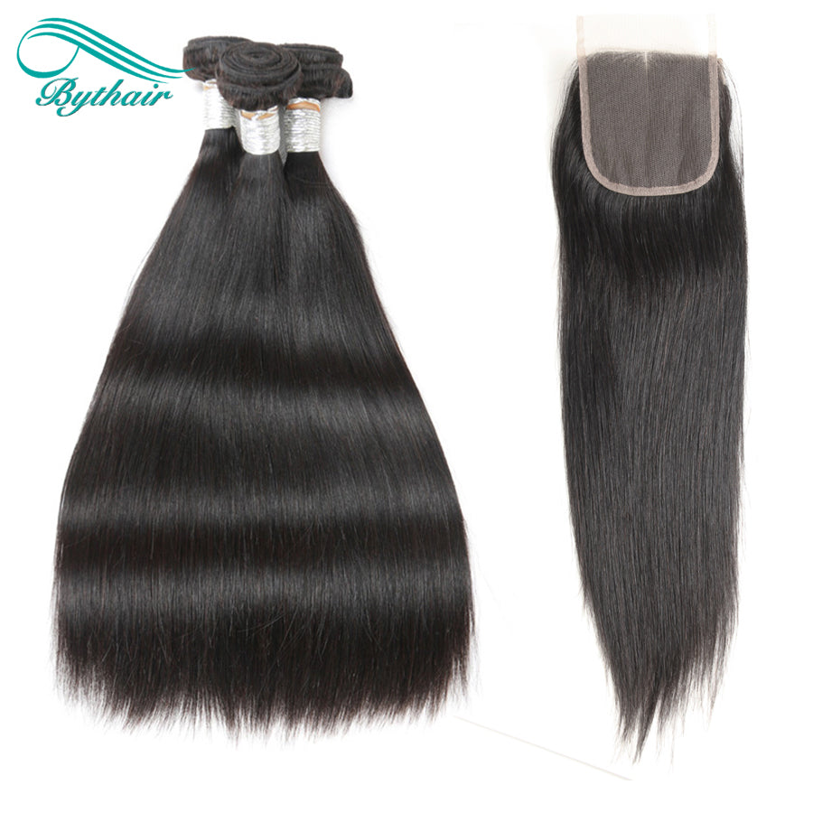 Straight Hair Bundles With Closure 100% Human Hair 4x4 Lace Closure With Bundles