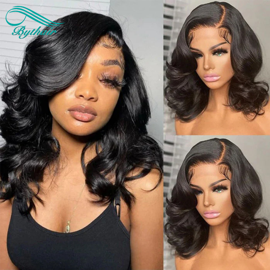 Short Body Wave Bob Wig Wavy 13x4 13x6 HD Transparent Lace Front Human Hair Wigs 150% 180%