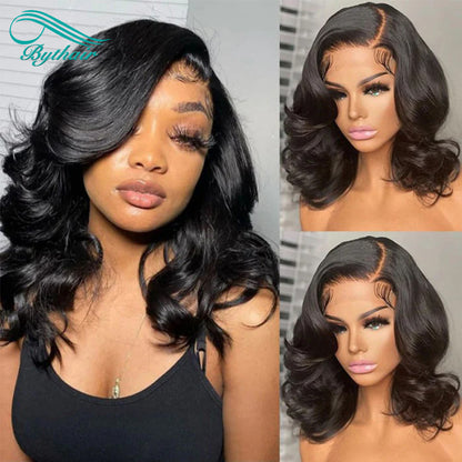 Short Body Wave Bob Wig Wavy 13x4 13x6 HD Transparent Lace Front Human Hair Wigs 150% 180%