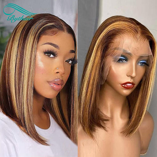 Highlight Lace Front Bob Wig Human Hair 4/27 Ombre Honey Blonde 13x4 13x6 Hd Transparent Lace Front Wigs