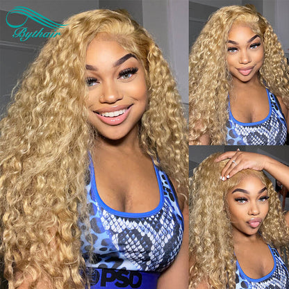 #27 Honey Blonde Curly Hd Transparent lace 13x4 13x6 Lace Front Wigs Human Hair Pre Plucked Hairline Glueless Lace Wig