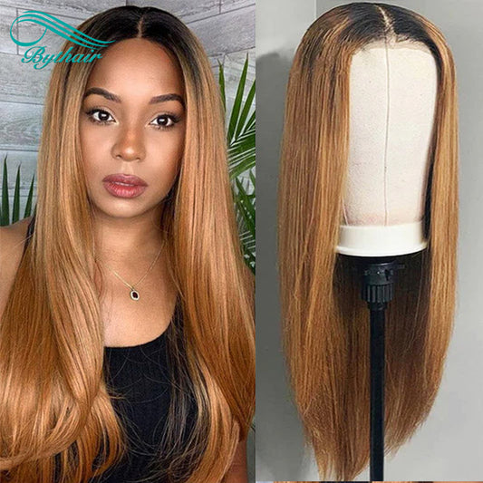 Ombre Honey Blonde Wigs 1B/27 Color 5x5 Lace Closure Wig Hd Transparent Straight Human Hair Wigs