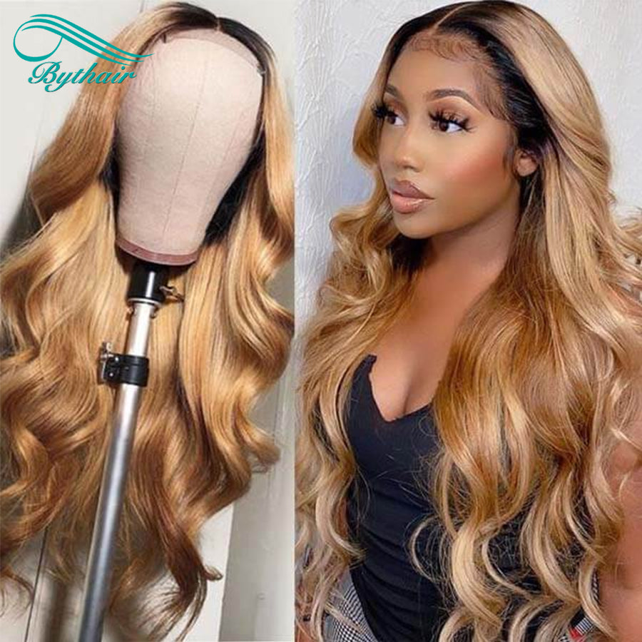 Ombre Honey Blonde Wigs 1B/27 Color 5x5 Lace Closure Wig Hd Transparent Body Wave Human Hair Wigs