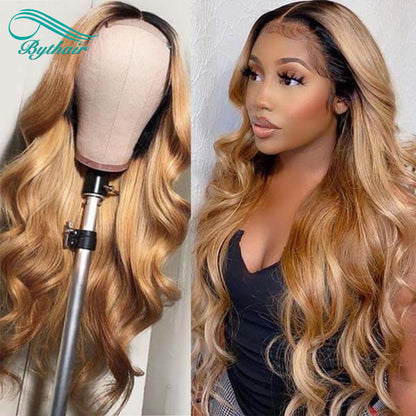 Ombre Honey Blonde Wigs 1B/27 Color 5x5 Lace Closure Wig Hd Transparent Body Wave Human Hair Wigs