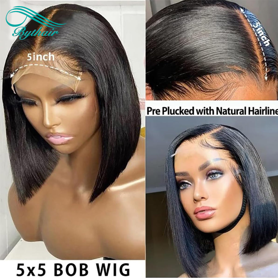 Short Bob Wig 5x5 Hd Lace Closure Wigs Human Hair Transparent Glueless Wigs Pre Plucked with Baby Hair