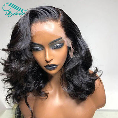 Body Wave Short Bob HD Transparent Lace Front Human Hair Wigs For Black Women Natural Black