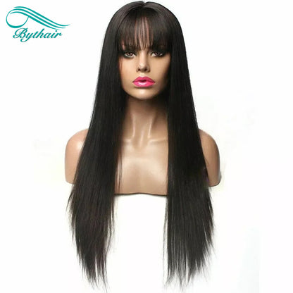 Straight Human Hair Wigs With Bangs Glueless Silk Base Full Lace Wig 5x5 inch Silk Top Full Lace Wig For Women