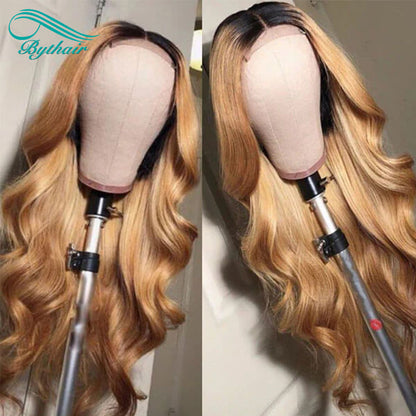 Ombre Honey Blonde Wigs 1B/27 Color 5x5 Lace Closure Wig Hd Transparent Body Wave Human Hair Wigs