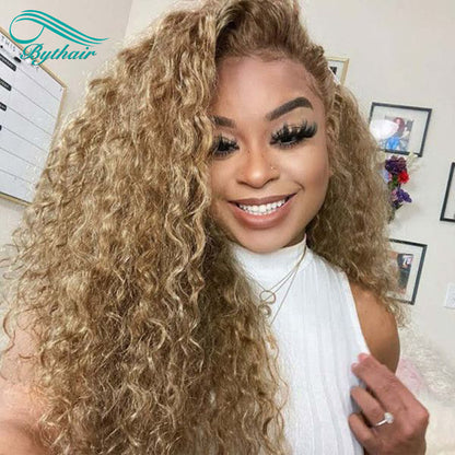 #27 Honey Blonde Curly Hd Transparent lace 13x4 13x6 Lace Front Wigs Human Hair Pre Plucked Hairline Glueless Lace Wig