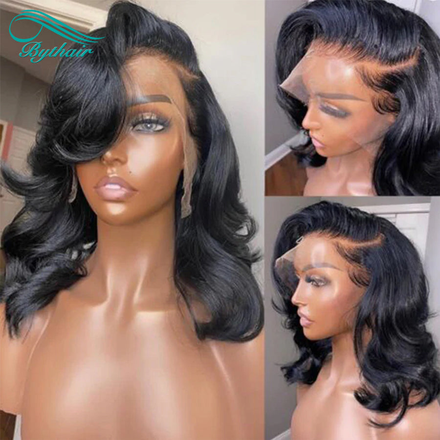 Short Body Wave Bob Wig Wavy 13x4 13x6 HD Transparent Lace Front Human Hair Wigs 150% 180%