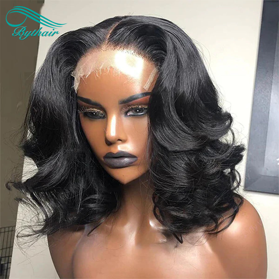 Body Wave Short Bob HD Transparent Lace Front Human Hair Wigs For Black Women Natural Black