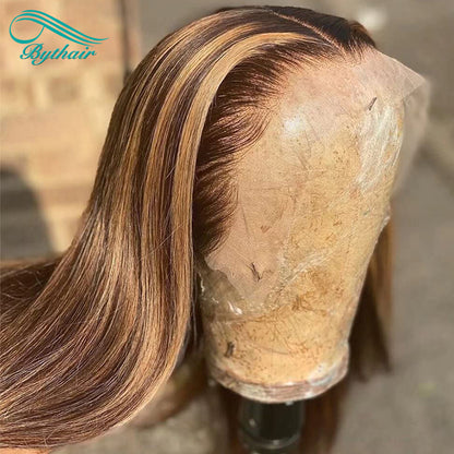 Highlight Color Wig Straight Lace Front Wig Human Hair Glueless 13x4 13x6 Transparent Lace Frontal Wigs