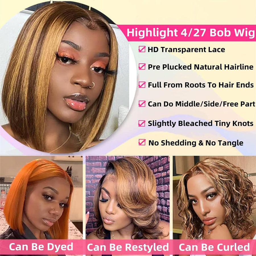 Highlight Lace Front Bob Wig Human Hair 4/27 Ombre Honey Blonde 13x4 13x6 Hd Transparent Lace Front Wigs