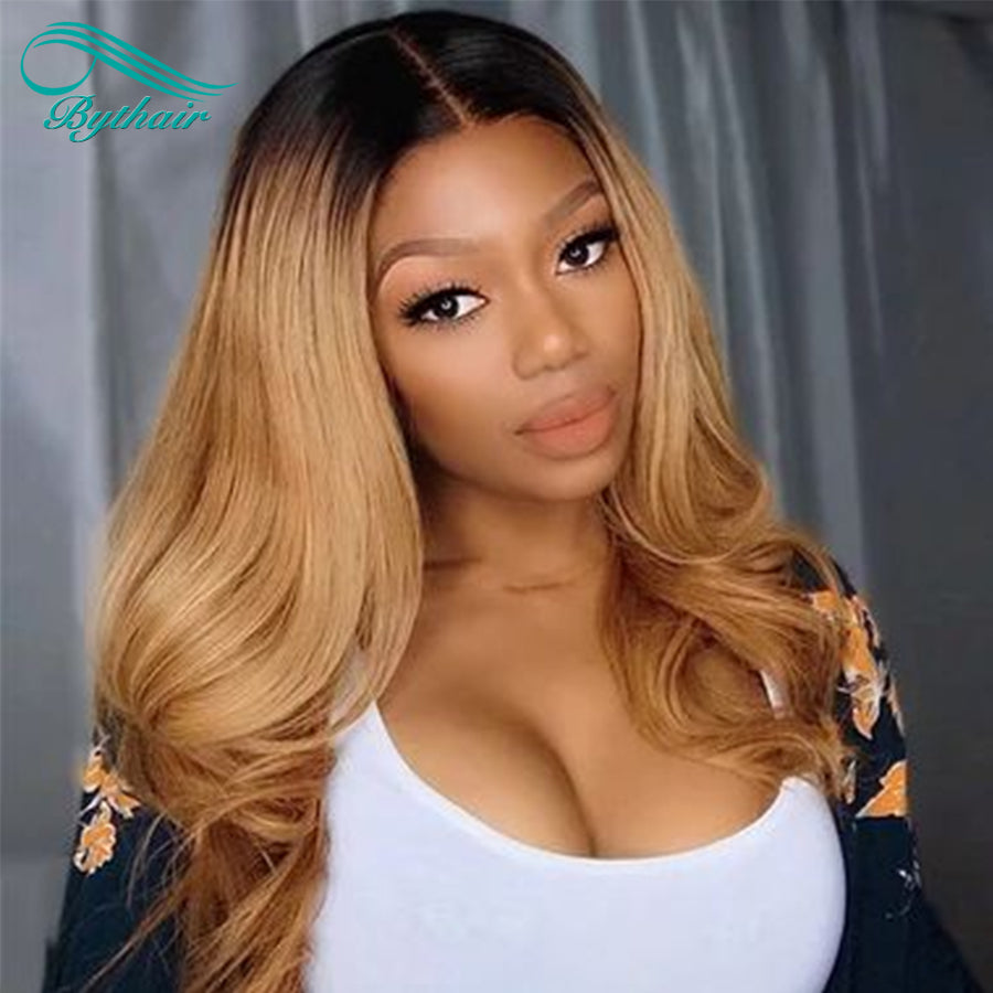 Ombre Honey Blonde Wigs 1B/27 Color 5x5 Lace Closure Wig Hd Transparent Body Wave Human Hair Wigs