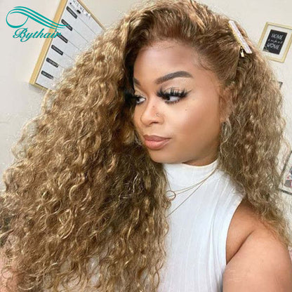 #27 Honey Blonde Curly Hd Transparent lace 13x4 13x6 Lace Front Wigs Human Hair Pre Plucked Hairline Glueless Lace Wig