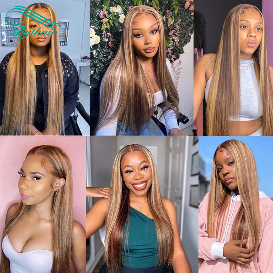 Highlight Color Wig Straight Lace Front Wig Human Hair Glueless 13x4 13x6 Transparent Lace Frontal Wigs