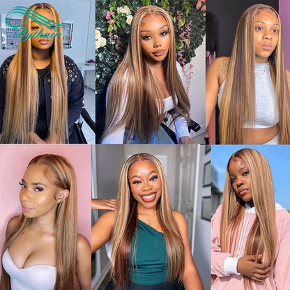 Highlight Color Wig Straight Lace Front Wig Human Hair Glueless 13x4 13x6 Transparent Lace Frontal Wigs