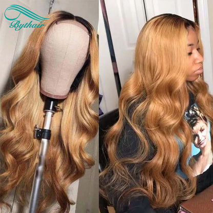 Ombre Honey Blonde Wigs 1B/27 Color 5x5 Lace Closure Wig Hd Transparent Body Wave Human Hair Wigs