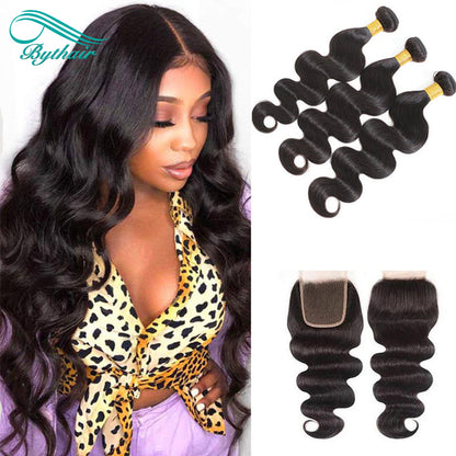 Brazilian Body Wave Hair 3 Bundles With 4x4 Lace Closure 100% Human Hair