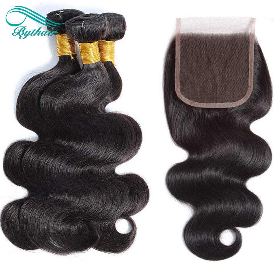 Brazilian Body Wave Hair 3 Bundles With 4x4 Lace Closure 100% Human Hair