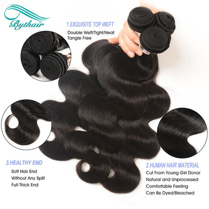 Brazilian Body Wave Hair 3 Bundles With 4x4 Lace Closure 100% Human Hair