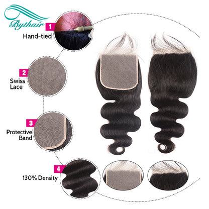 Brazilian Body Wave Hair 3 Bundles With 4x4 Lace Closure 100% Human Hair